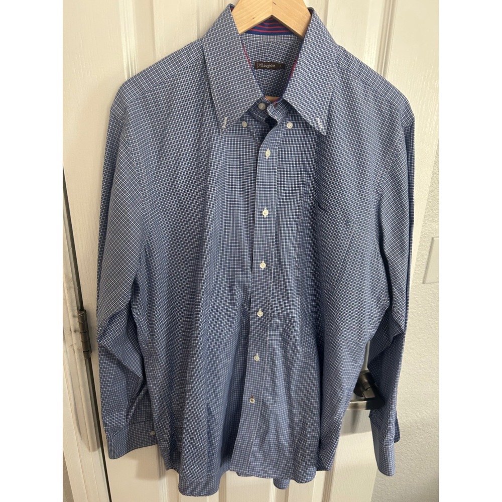 J.McLaughlin Mens Blue Gingham Check Button Down Shirt Cotton Large Striped Trim
